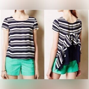 Anthropologie Maeve Navy Blue White Ruffle Back Top size XS